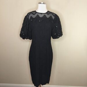 Vtg Leslie Fay Dress Sheer Sequin Puff Sleeve Crinkle Party 80s